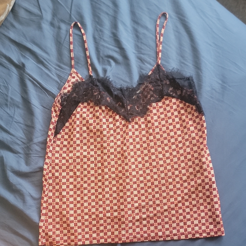 Zara Checked Cami Top - Burgundy & Cream